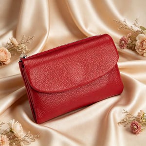 May include: A red leather wallet with a textured surface. The wallet has a flap closure and a silver zipper. The wallet is displayed on a cream-colored satin fabric with floral accents.