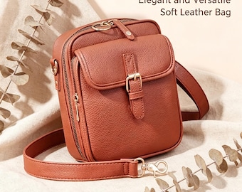 Anti-Theft Crossbody Leather Bag for Women, Multi-Pocket Large Capacity Shoulder Purse, Adjustable Strap Multifunctional Everyday Handbag