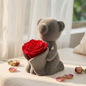 Preserved Red Rose Bear Flocked Figurine Romantic Anniversary Keepsake Real Flower Decor Valentine Gift For Women
