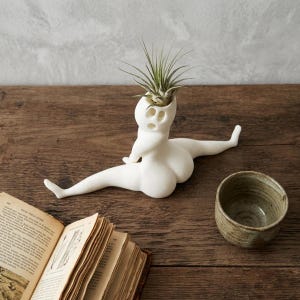 Puede incluir: Un soporte de cerámica blanco para plantas aéreas con forma de figura reclinada con las piernas estiradas. La cabeza de la figura tiene una cavidad para la planta, que está llena de una planta aérea verde. Cerca hay una taza de cerámica pequeña y redonda.