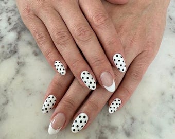 Black White Polka Dot French Tip Almond Press On Nails