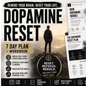 May include: A Dopamine Reset 7-day plan and workbook set featuring black and white printed pages with mountain imagery. The text includes Rewire Your Brain, Reset Your Life, Dopamine Reset, and The Dopamine Reset Plan, with icons for brain, target, leaf, and flag.