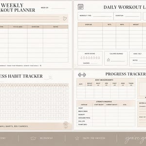 May include: A beige and white workout planner with sections for weekly and daily logs, a fitness habit tracker, and a progress tracker. The planner includes space for goals, workout details, and body measurements.