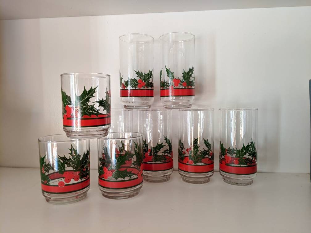 Vintage Libbey Holiday Christmas Glasses Holly Pattern 12 Etsy