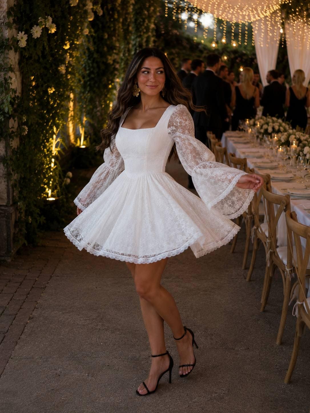 white bell sleeve mini dress Anemos Peppermayo Exclusive The Thessaly Mini Dress is designed to balance soft structure with effortless elegance SOLY HUX Women's Lace Tie