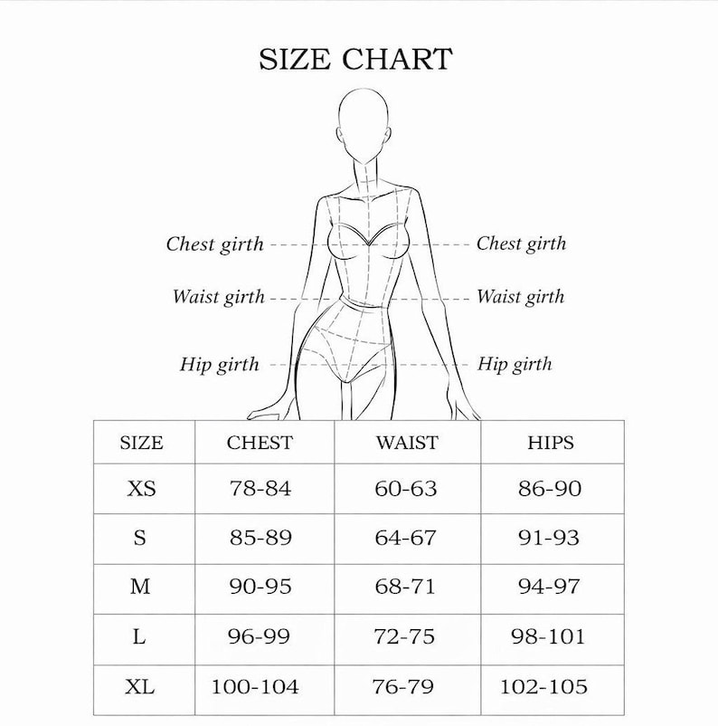 Op de afbeelding: Een zwart-wit maattabel met een lijntekening van een menselijk figuur met stippellijnen die de borst-, taille- en heupomtrek aangeven. Hieronder staat een tabel met de maten XS tot en met XL en de bijbehorende afmetingen.