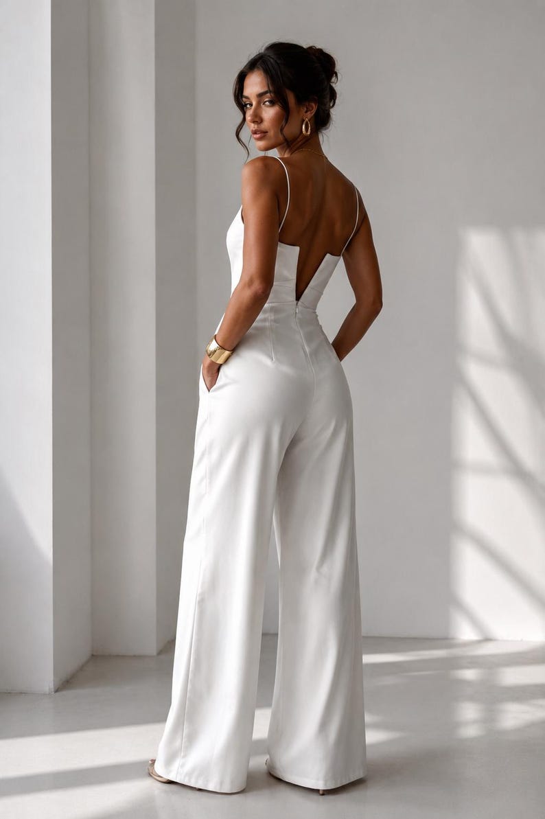Op de afbeelding: Een effen witte jumpsuit met een mouwloos lijfje met dunne spaghettibandjes, een diepe V-hals aan de achterkant en een broek met wijde pijpen. Het kledingstuk is voorzien van zijzakken en een getailleerde pasvorm voor een strak silhouet.