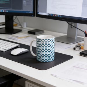 Puede incluir: Una taza de café de cerámica blanca con un patrón geométrico azul. La taza está sobre una alfombrilla de escritorio negra, con un ratón y un teclado de ordenador. En el fondo hay monitores de ordenador y material de oficina.
