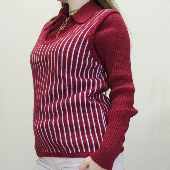 70’s Long Sleeve Burgundy Half Zip Up Collared Knit Sweater main image 1