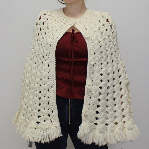Vintage 60s Fringe Crochet Knit Poncho Cape- Crea… - image 1
