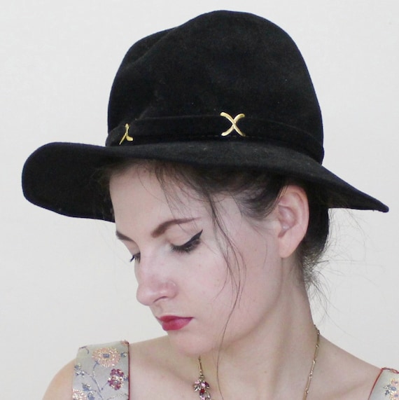 Vintage 70s Mr. K Originals Black Felt Cowboy Hat with Gold Tone Details