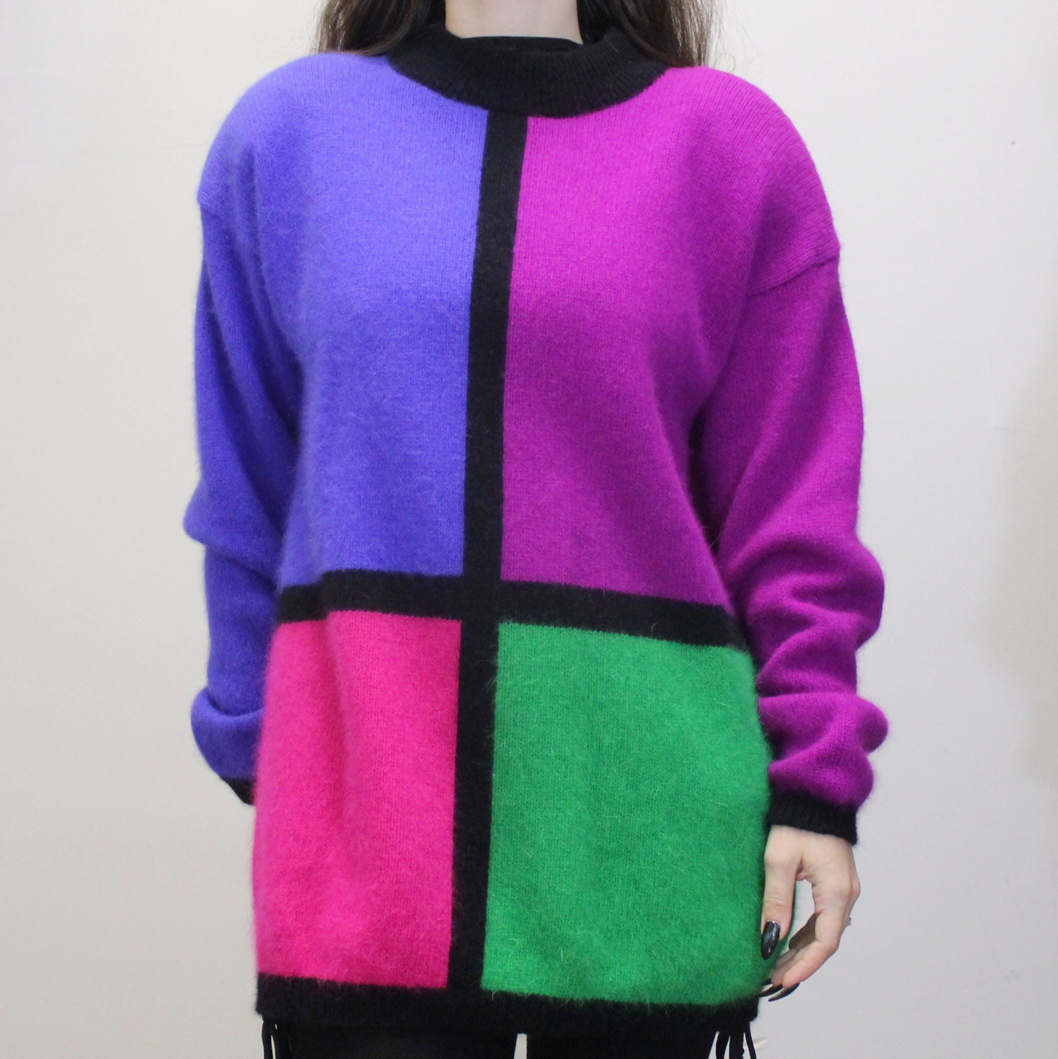Vintage 80s Color Block Sweater Angora & Lambswool Funky Sweater