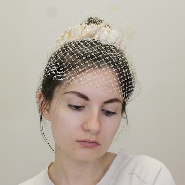 vintage 60s Whimsy With Veil Braided Crown band with Feather Detail