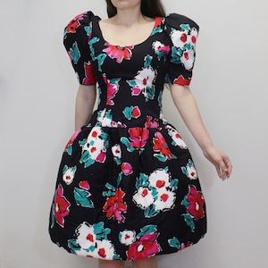 Vintage 80s Designer Party Dress Avant Garde Structured Drop Waist Puff Sleeve Dress by Victor Costa blk floral dress