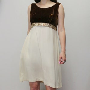 Vintage 60s Babydoll Mini Dress Bronze Velvet and Cream With Metallic Floral Empire Waist Bow Detail