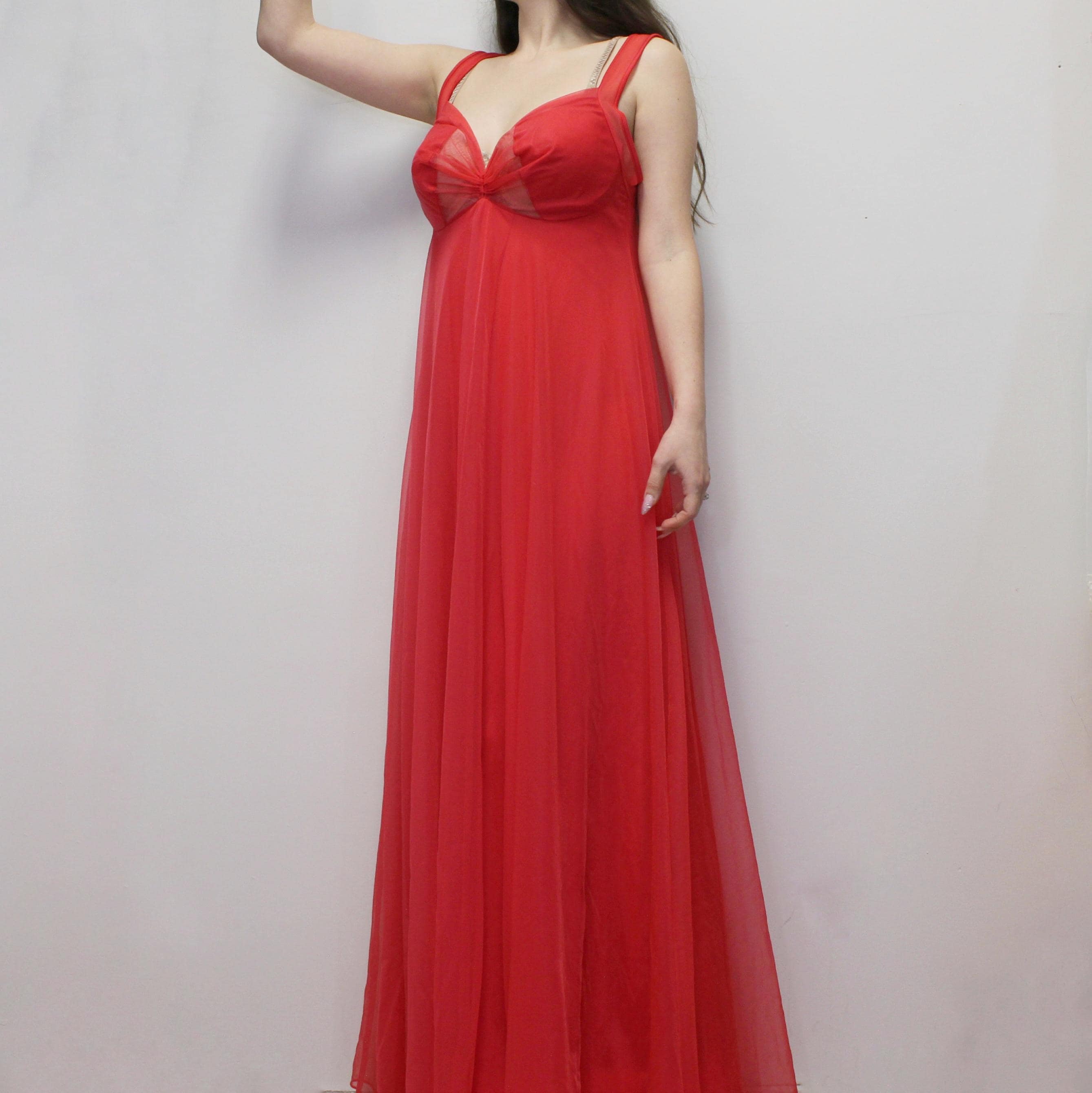 Vintage 70s Red Nightgown Gorgeous Sheer Flowy Layered Empire 