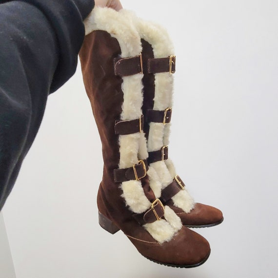 Vintage 70s Furry Boots! Go-Go Knee high brown su… - image 2