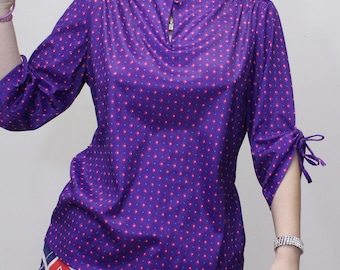 Vintage 70s Patterned Blouse with Tie Sleeves and Mandarin Collar by Pretty Tops