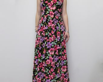 Vintage 70s Floral Maxi Dress Velour boho Dress
