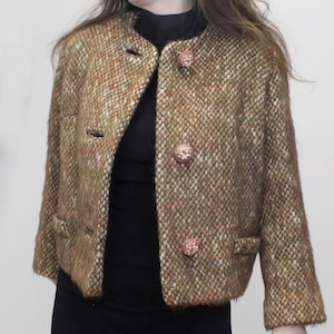 Vintage 60s Tweed Mod Jacket with Giant Textured Buttons Preppy Academia Fuzzy Jacket - vintage cropped 60s oversized tweed blazer