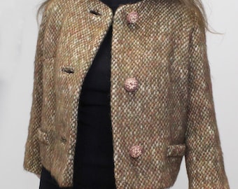 Vintage jaren 60 tweed mod-jack met gigantische getextureerde knopen Preppy Academia Fuzzy-jas - vintage cropped oversized tweed blazer jaren 60