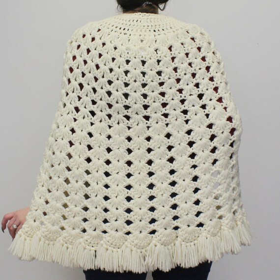 Vintage 60s Fringe Crochet Knit Poncho Cape- Crea… - image 4