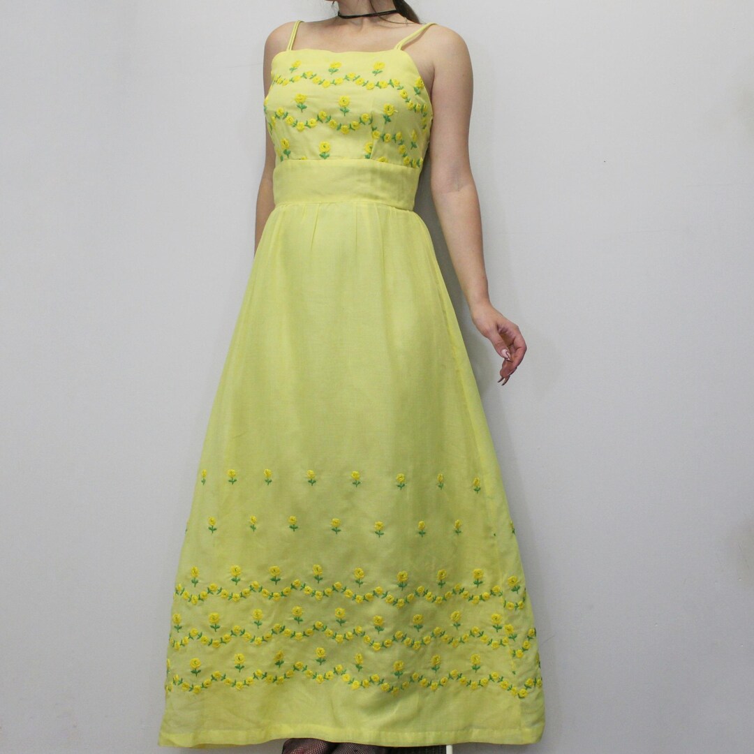 Vintage 70s Maxi Dress Beautiful Yellow Floral Embroidered Dress