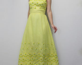 Vintage 70s Maxi Dress Beautiful Yellow Floral Embroidered Dress  by Vicky Vaughn