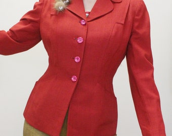 Vintage 40s Tapered Blazer by Sacony Palm Beach with Fur Pin - 9VTP86