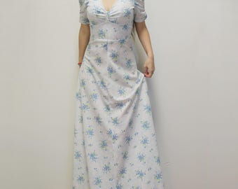 Vintage 70s Baby blue Floral Maxi Dress