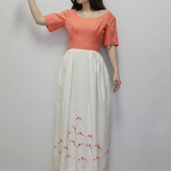 Vintage 60s Coral Beaded Maxi Dress - image 1
