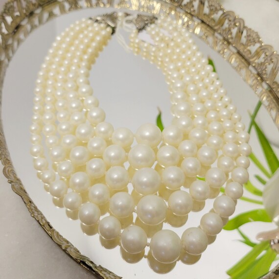 Vintage 60s 5 Strand Faux Pearl Necklaces Graduat… - image 2