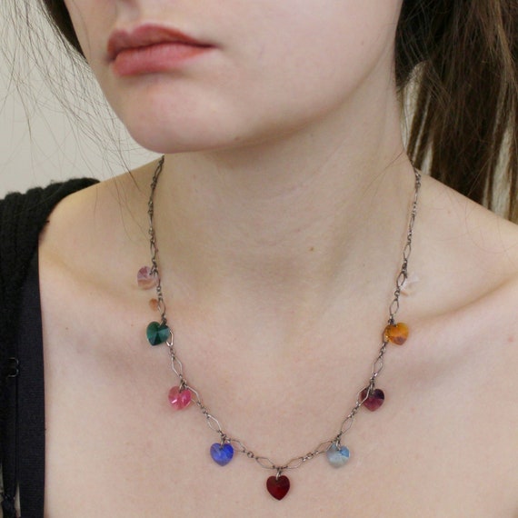 Vintage 20s Glass Heart Necklace Multicolor Facet… - image 4