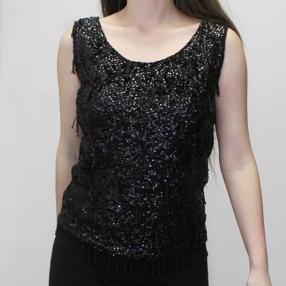 Canotta vintage anni '60 con frange di paillettes e perline