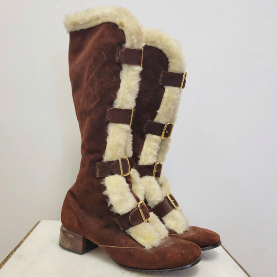 Vintage 70s Furry Boots! Go-Go Knee high brown su… - image 1