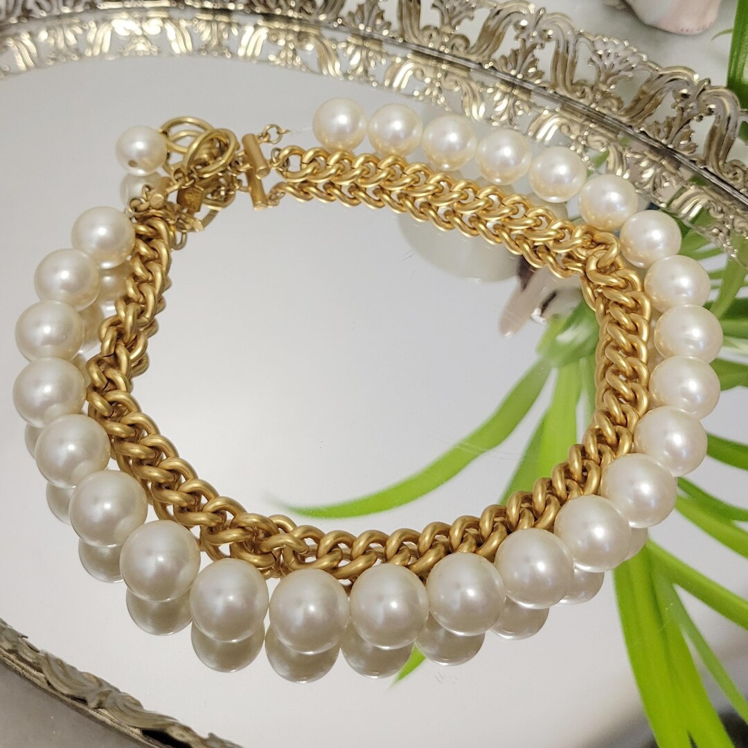 Anne アクセサリーおまとめ① Vintage 90s Anne Klein Signed Faux Pearl Necklace With Chunky Gold