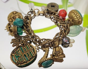 Vintage 50s Chunky Charm Bracelet with Heavy Beads and Shangri La theme