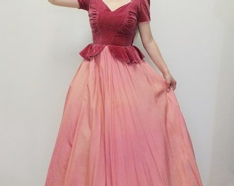 Vintage 30s/40s Pink Peplum Prom Dress Elegant Evening Gown
