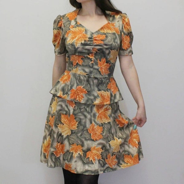 Vintage 70s does 40s Autumn Leaf Peplum Dress-Peplum Orange Floral Vintage Dress