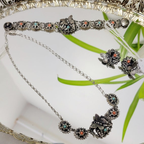 Vintage 30's Matching Jewelry Set Silver Plated 3-D Butterfly Necklace screw back earrings and Bracelet Intricate Rare Delicate