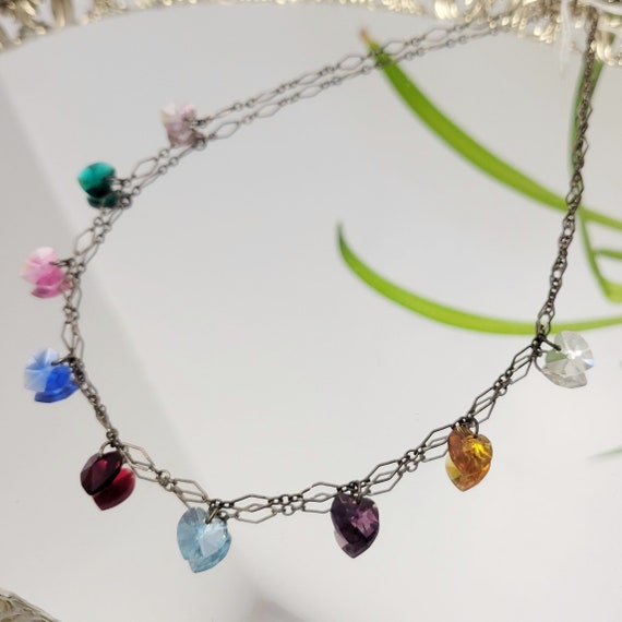 Vintage 20s Glass Heart Necklace Multicolor Facet… - image 1