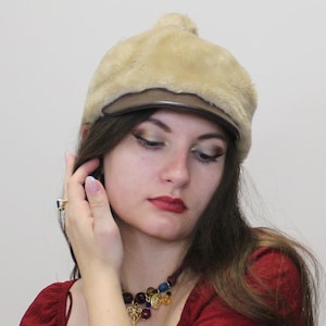 Vintage 60s Mod Faux Fur Winter hat with Pom Pom and Small Bill