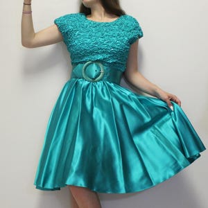 Vintage 80s Does 50s Pin-up Rockabilly Party Dress Teal Satin Sequin Popcorn Top and Wide O ring Belt from Karen Lucas for Niki