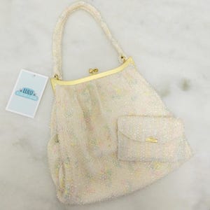 Vintage 60er Jahre Corde Perlen bestickte Pastellblumen Handtasche mit winziger Geldbörse