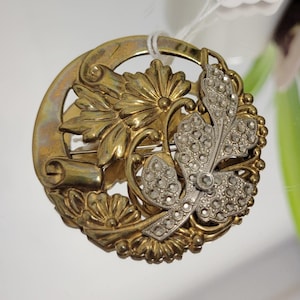Vintage 30s Brooch Brass Floral Round Brooch With Silver Tone Faux Marcasite Studded Leaf
