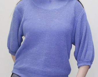 Pull à manches courtes en tricot vintage des années 80 par Rodier - haut en tricot bleu vintage RODIER PARIS