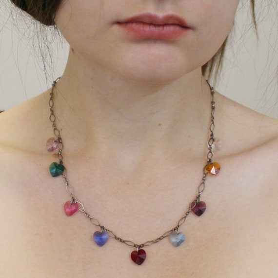 Vintage 20s Glass Heart Necklace Multicolor Facet… - image 3