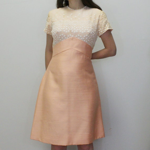 Vintage 60s Peachy Pink Mini Dress- Peach eyelet t