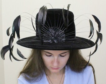 Vintage Mr. Henri Of New York Flapper Hat. Feathers Black And White. Vintage 40s Feather Hat Rare Unique Statement Hat With  main image 4