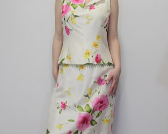 Conjunto de traje formal de seda vintage Y2k con top con cuentas florales y falda a juego de Rickie Freeman para Terri Jon, conjunto de seda floral (TAL CUAL)